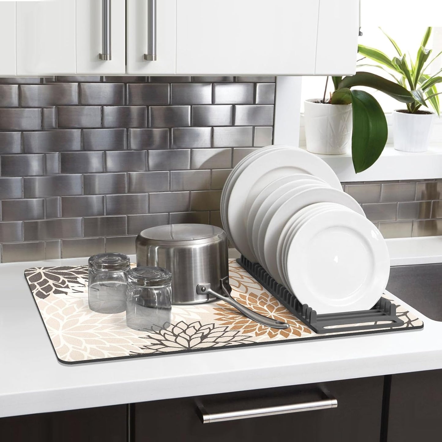 Findosom 2PCS 16" x 24" Dish Drying Mat & 24" x 5.5" Sink Splash Guard, Super Absorbent & Cuttable Dish Mat Drying Kitchen Mat with Brown Floral, Hide Stain Drying Mat for Kitchen Counter