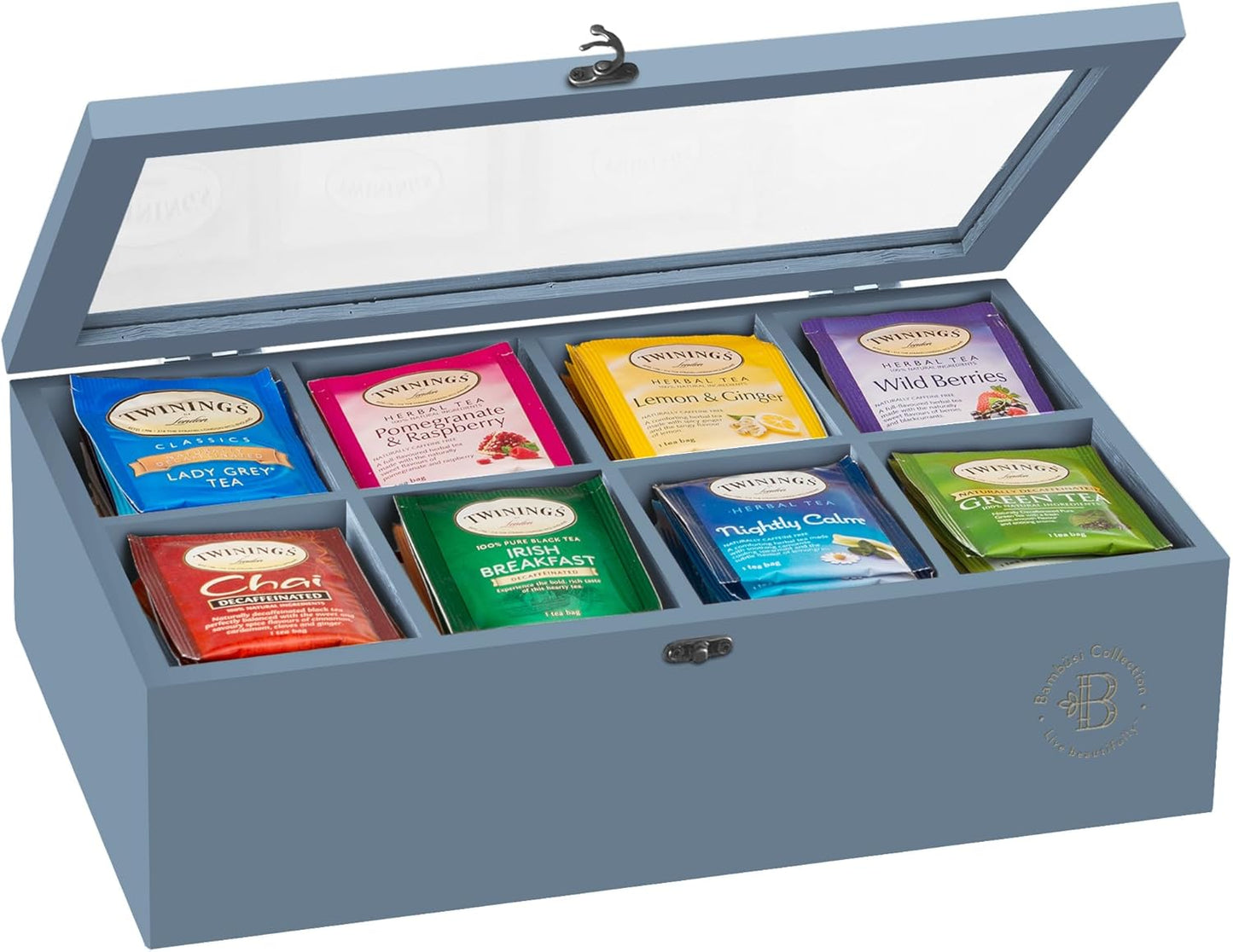Bambsi Tea Bag Organizer - Bamboo Tea Box Organizer Storage Box, Tea Bag Holder with Acrylic Window, Magnetic Lid Keeps Tea Bags Fresh - Tea Organizer Caddy (Tea Not Included) Christmas Gift - Grey