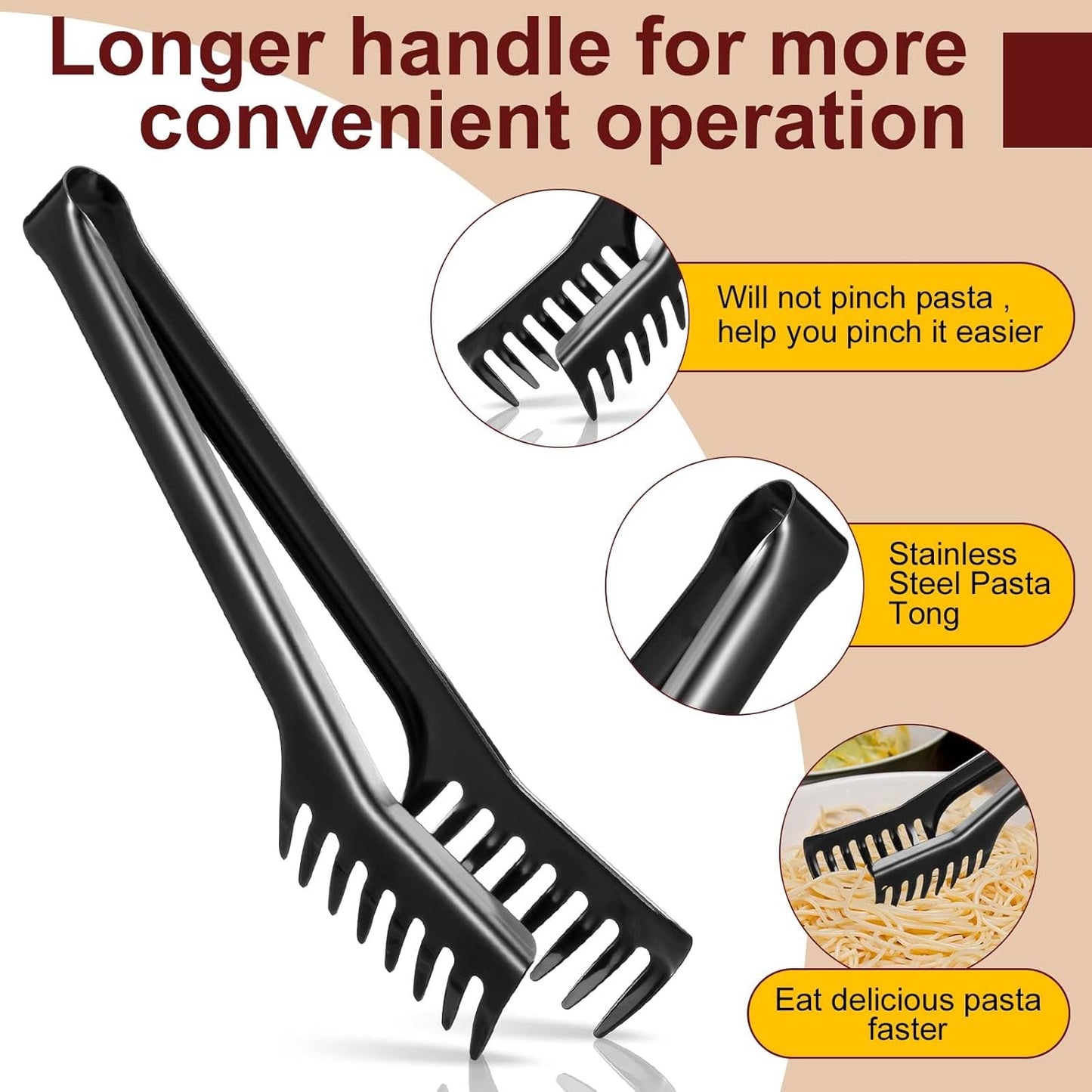 Patelai 2 Pcs Stainless Steel Pasta Spoon with Teeth Large Spaghetti Utensil, 9.4'' Tong and 13.6'' Pasta Fork with Vacuum Handle, Comfortable Grip Design Spoons for Kitchen(Black)