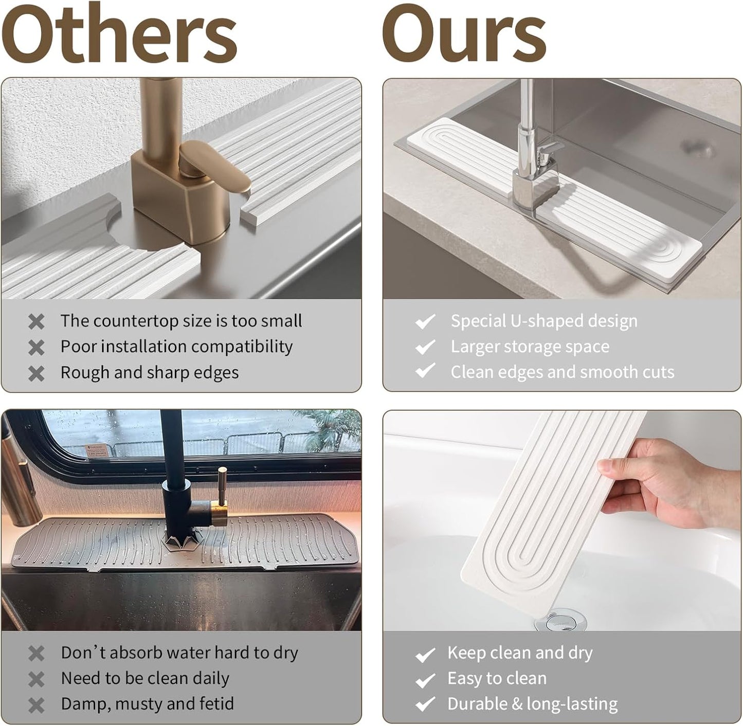 Faucet Mat for Kitchen Sink, Diatomite Stone Drying Sink Protectors, Bathroom Faucet Splash Guard, Quick Dry Water Absorbing, Non-Slip Stone Tray for Kitchen Counter, White, 15.7" x 3.9"