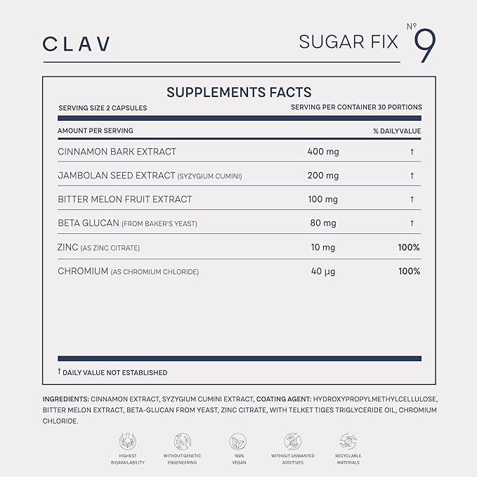 CLAV® N°9 - Cinnamon Extract + Bitter Melon Capsules with Syzygium cumini, Beta Glucan & Chromium - Vegan - 60 Count