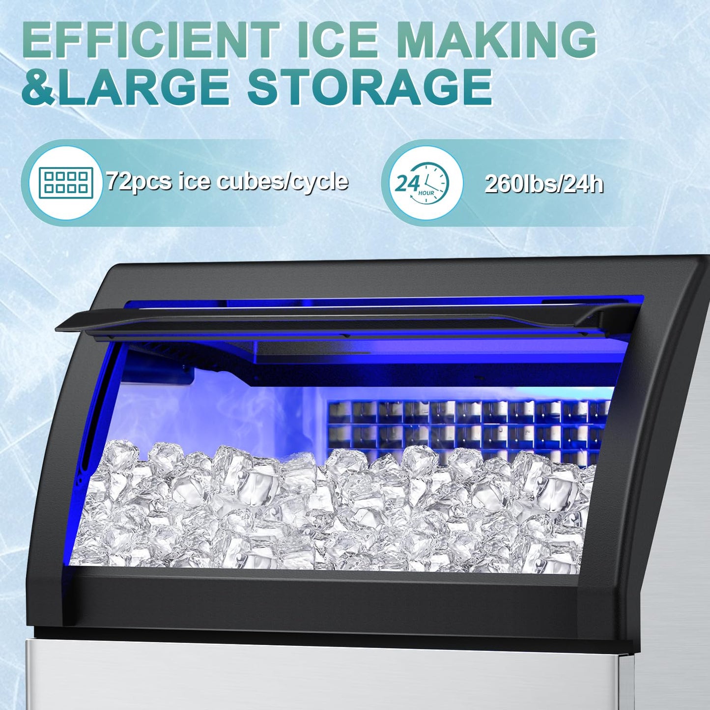 Commercial Ice Maker Machine 260Lbs/24H, 72pcs Ice Cubes Under Counter Ice Machine with Water Line and Filter, Freestanding Ice Maker Machine with 55Lbs Storage ice Bin for Home/Shop/Office/Bar
