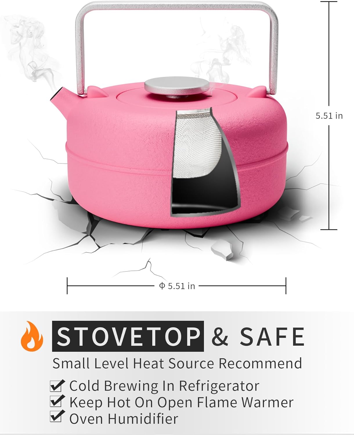 Toptier Teapot with Removable Infuser, Cast Iron Tea Kettle Stovetop Safe, Solid Geometry Cylinder Design Tea Pot Coated with Enameled Interior for 27 Ounce (800 ml), Rose Red