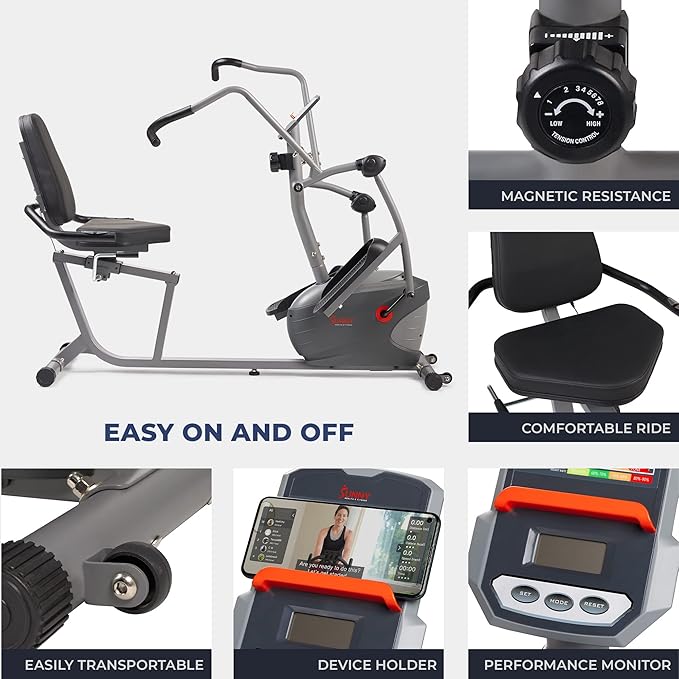 Sunny Health & Fitness Smart Recumbent Bike, Full-Body Home Training with Arm/Leg Exercisers, Indoor Cycling Workout Machine Plus Adjustable Seat & Bulit-in Pulse Sensors, Free SunnyFit App Connection