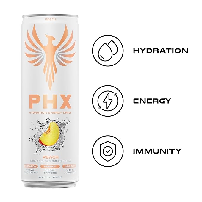 PHX Hydration Energy Drink - 700mg Electrolytes, 200mg Natural Green Tea Caffeine, 100% Daily Value 8 Essential Vitamins - 12 oz Cans (12 Pack) (12 Pack, Peach)