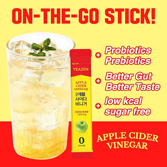 TEAZEN Apple Cider Vinegar Drink Powder Stick – On-the-Go Wellness with 1500mg ACV, Sugar-Free, Postbiotics, 30 Sticks | Supports Digestion & Metabolism