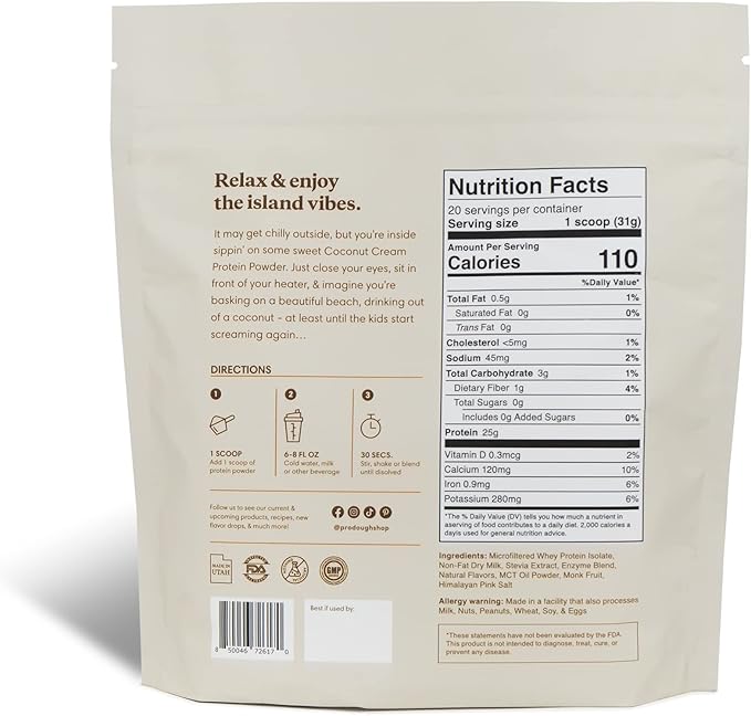 ProDough Gourmet Whey Isolate Hydrolized Protein Powder for Shake Mix- Easy Digest Enzyme Blend, 25g Protein per Serving, Natural Ingredients, Gluten Free, Keto Friendly (Coconut Cream)