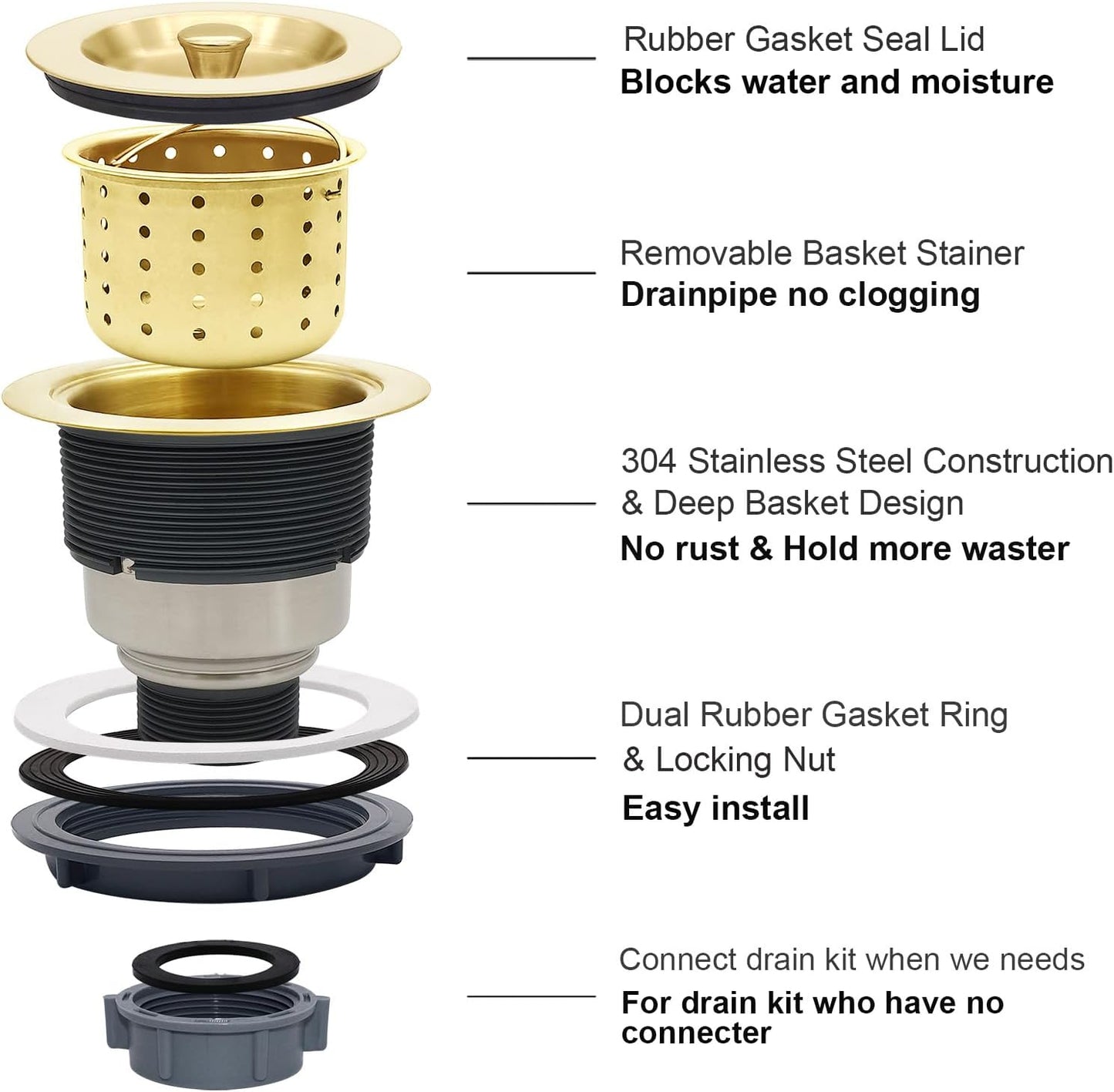 3-1/2-Inch Kitchen Sink Drain Strainer Assembly Kit, GZILA Deep Waste Basket Strainer with Sealing Lid Sink Stopper, 304 Stainless Steel Brushed Gold