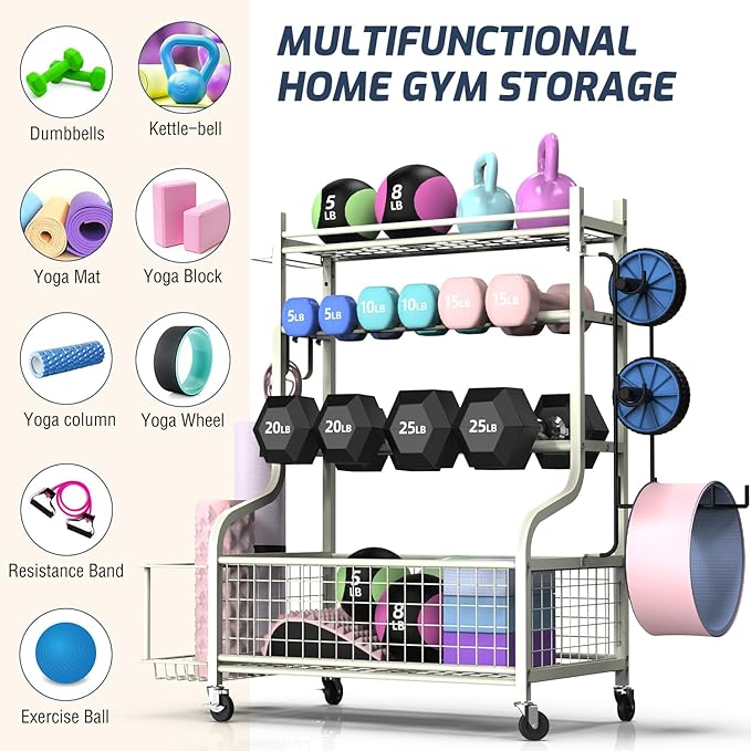 PLKOW Dumbbell Rack, Weight Rack for Dumbbells, Home Gym Storage for Dumbbells Kettlebells Yoga Mat and Balls, All in One Workout Storage with Wheels and Hooks, Powder Coated Finish Steel