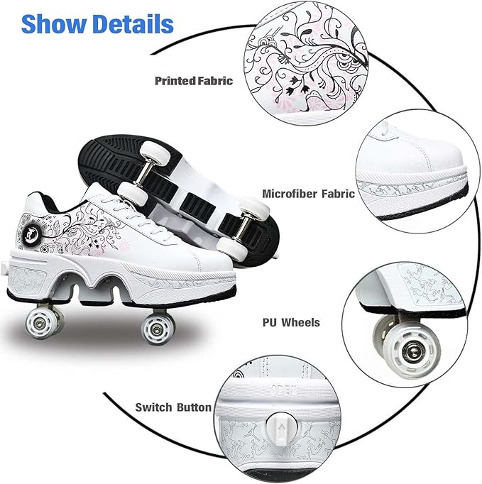 Roller Skate Shoes for Women Four Rounds Children's Roller Skates Shoes That Turn into Rollerskates Sneakers Outdoor Light Shoes with Wheels for Girls/Boys