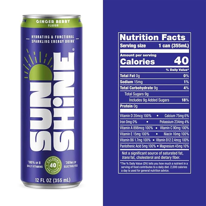 Sunshine Sparkling Energy Drink, Ginger Berry with Daily Essential Vitamins, 360mg of Electrolytes, 70mg of Natural Caffeine, 12 Fl Oz (Pack of 24)