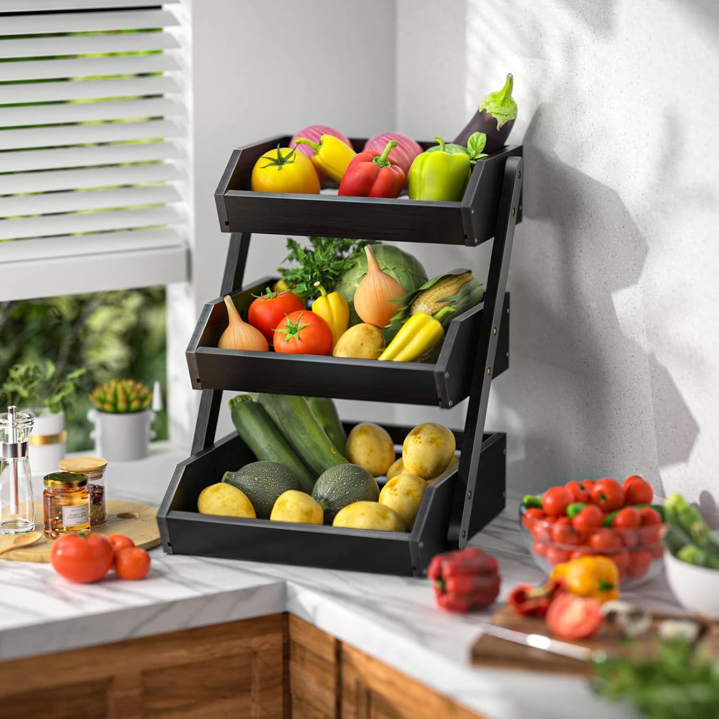 G.a HOMEFAVOR Large Bamboo Fruit Basket, 3 Tier Fruit Bowl for Kitchen Counter, Fruit Holder for Kitchen Countertop, Snack Fruit Vegetable Storage Basket Stand (BLACK)