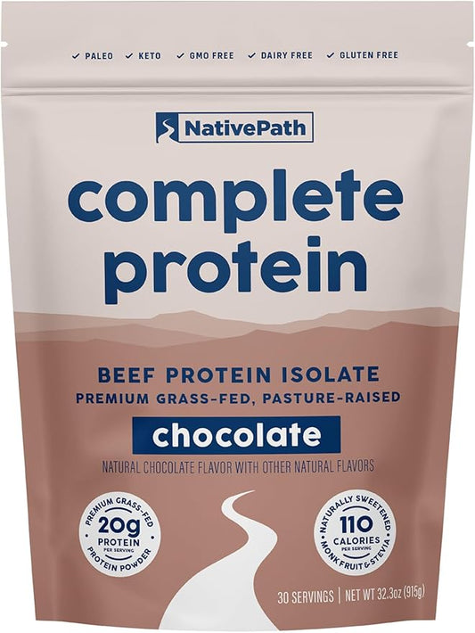 NativePath Complete Beef Protein Powder Isolate – Grass-Fed, Pasture-Raised, Dairy & Lactose Free, Gluten Free, Zero Sugar, MCTs & Amino Acids – 20g Protein, Chocolate Flavor, 30 Servings