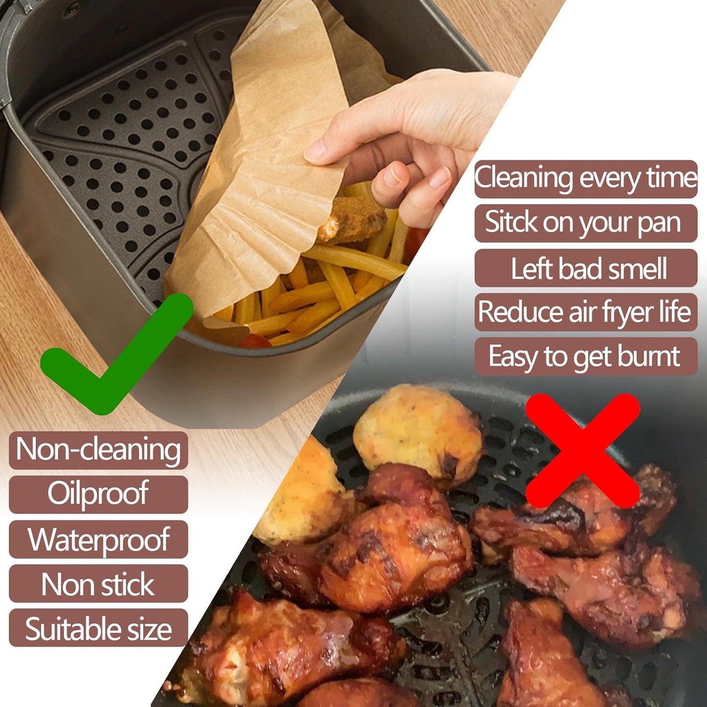 UBeesize 10 Inch Air Fryer Paper Liners,150 PCS Parchment Paper, Air Fryer Disposable Paper Liner for Microwave, Non-Stick Air Fryer Liners Square Free of Bleach （Bottom size 9 Inch）