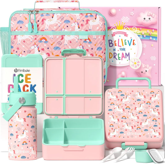Fimibuke Kids Bento Lunch Box with 4 Compartments, Insulated lunch Bag, Stainless Steel Insulated Water Bottle, Ice Pack & Utensils Set, Birthday Gifts for Ages 3-12 Back to School Toddler Girls Boys