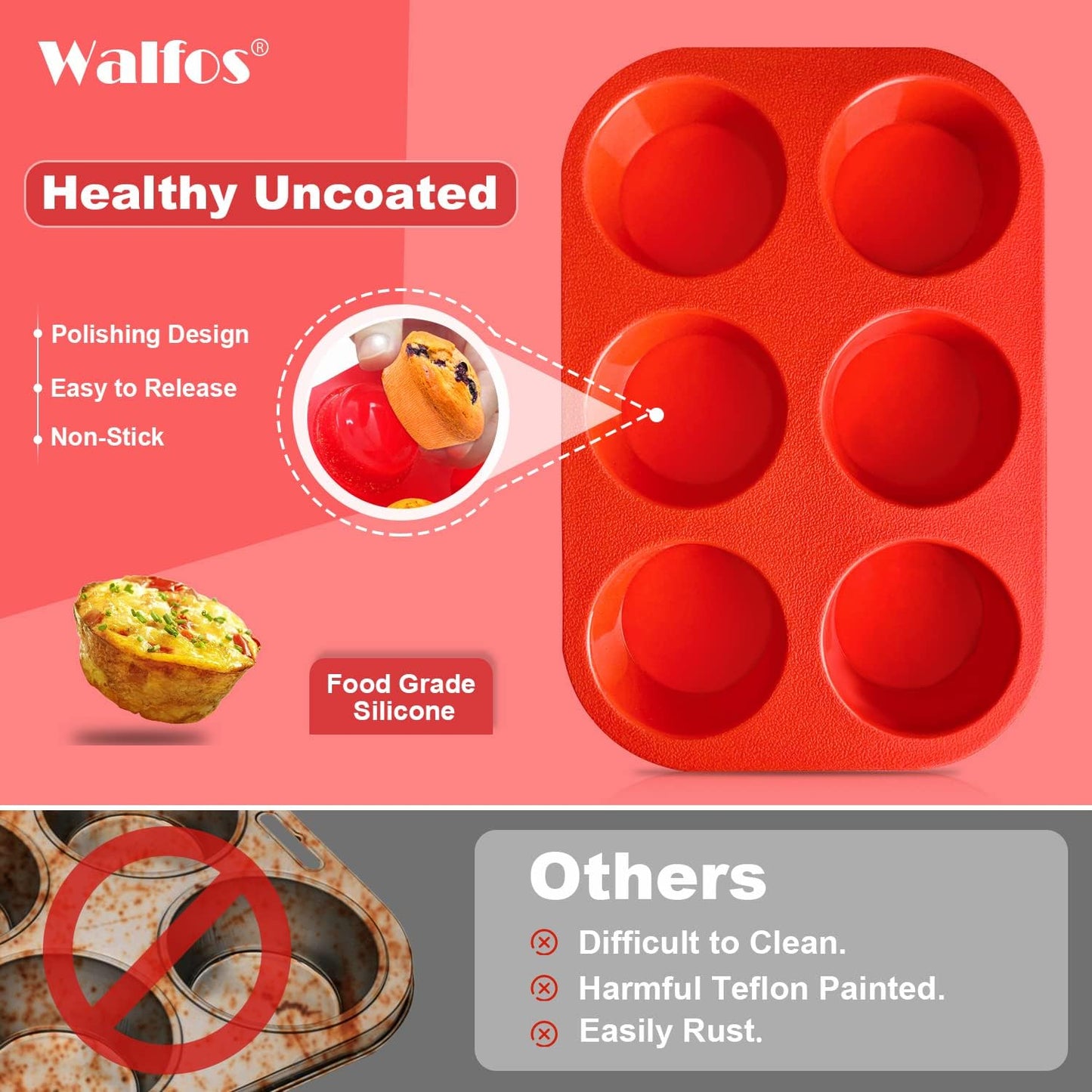 Walfos Silicone Muffin Pan - 6 Cup Non-Stick Silicone Cupcake Pan, Just PoP Out! Food Grade and BPA Free Baking Cups, Perfect for Egg Muffin, Cupcake, Dishwasher Safe (2 Pack Muffin Pan)