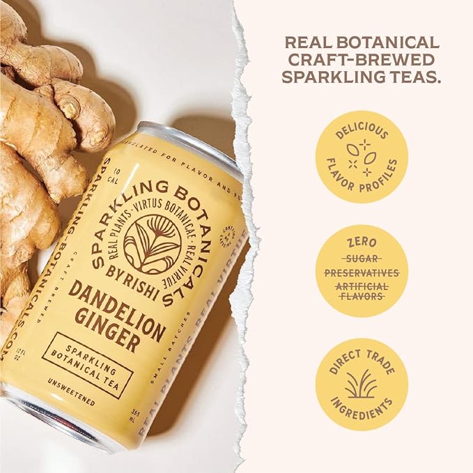 Rishi Tea Dandelion Ginger Sparkling Botanicals Sparkling Water - Organic, Unsweetened, Zero Added Sugar, Caffeinated, Craft-Brewed From Real Plants - 12 oz (Pack of 12)