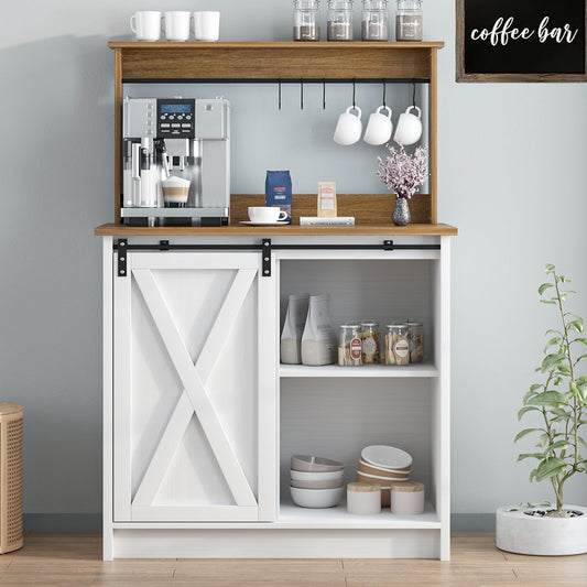 Farmhouse Coffee Bar with Hutch, White Coffee Bar Cabinet with Storage Sliding Barn Door, 31 Inch Buffet Cabinet with 6 Hooks, Coffee Bar Table with Adjustable Shelves for Living Dining Room