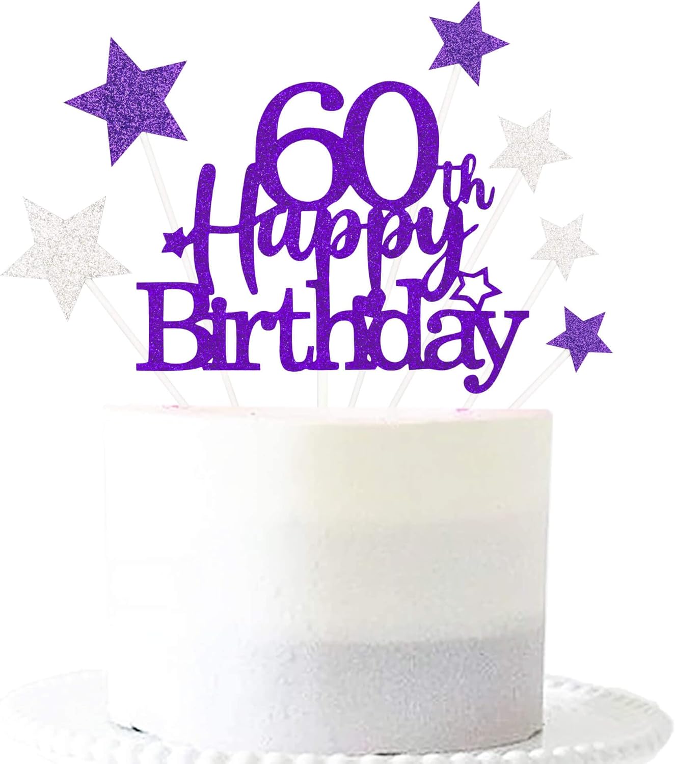 Glittery 60th Happy Birthday Cake Topper with Star,Personalised 60 Birthday Cake Toppers Party Decorations Party Supplies for Men Women Purple Silver
