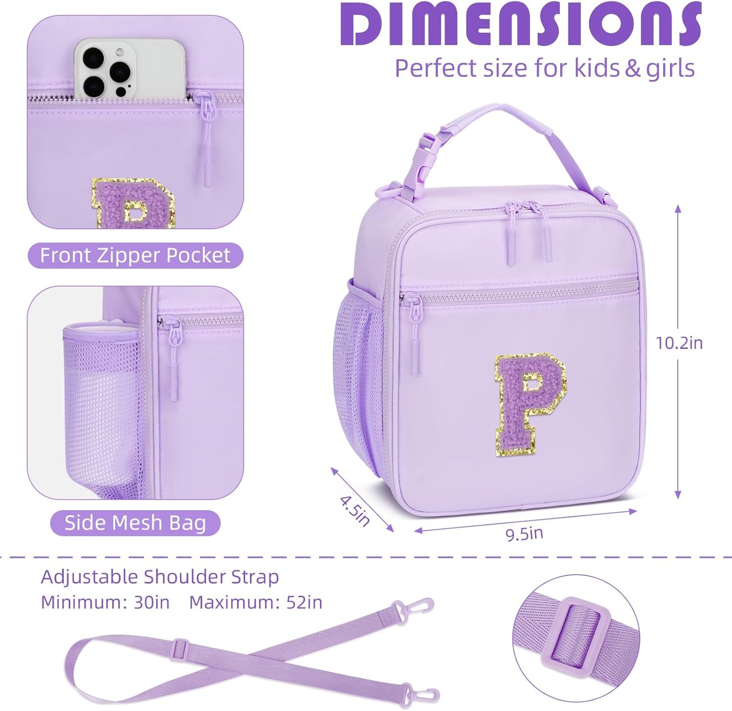 Initial Insulated Lunch Bag for Girls Kids, Back to School Gift, Reusable Leak-proof Lunch Box with Adjustable Strap for School Daycare Travel Picnic (Purple,P)