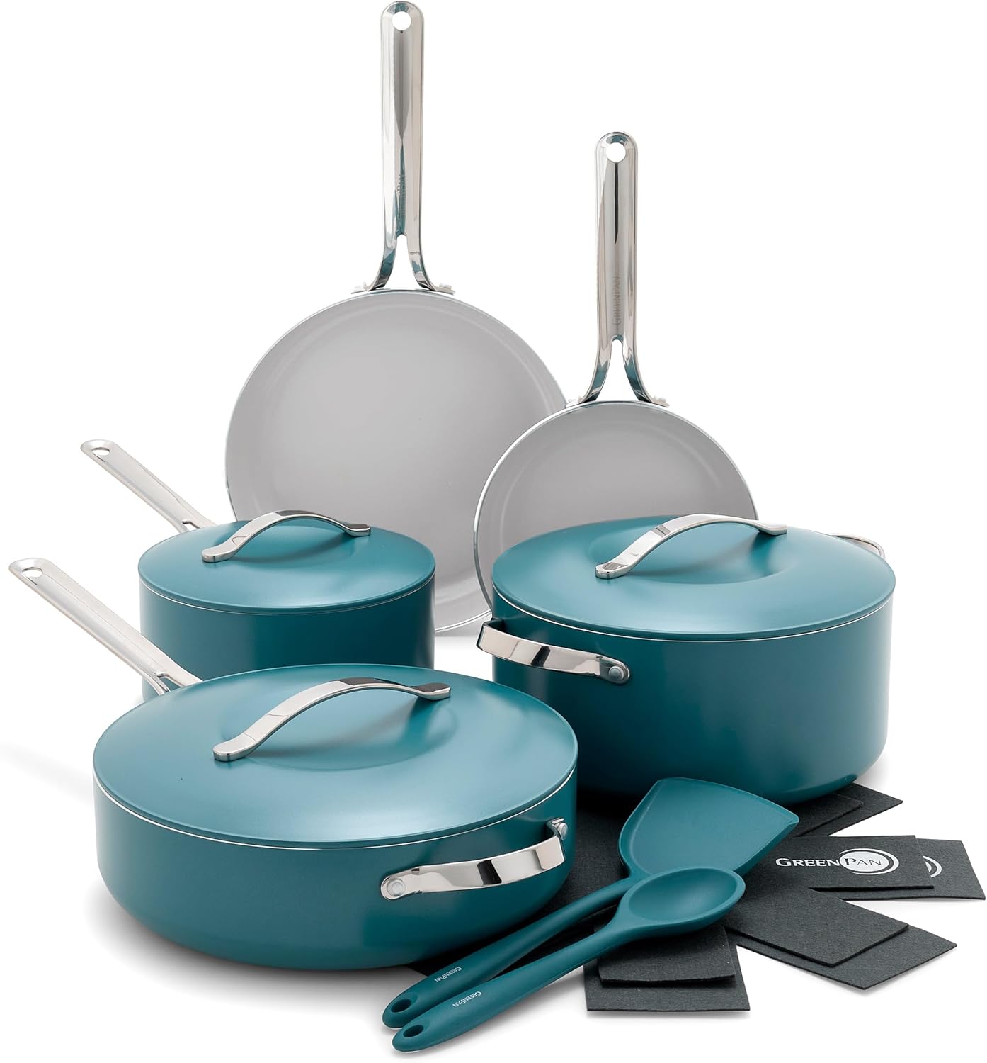 GreenPan Nova 10-Piece Cookware Pots & Pans Set, Oprah’s Favorite Things 2024, PFAS-Free Ceramic Nonstick, Fry, Sauté, Stockpot, Utensils, Lids, Induction Suitable, Dishwasher & Oven Safe, Deep Teal