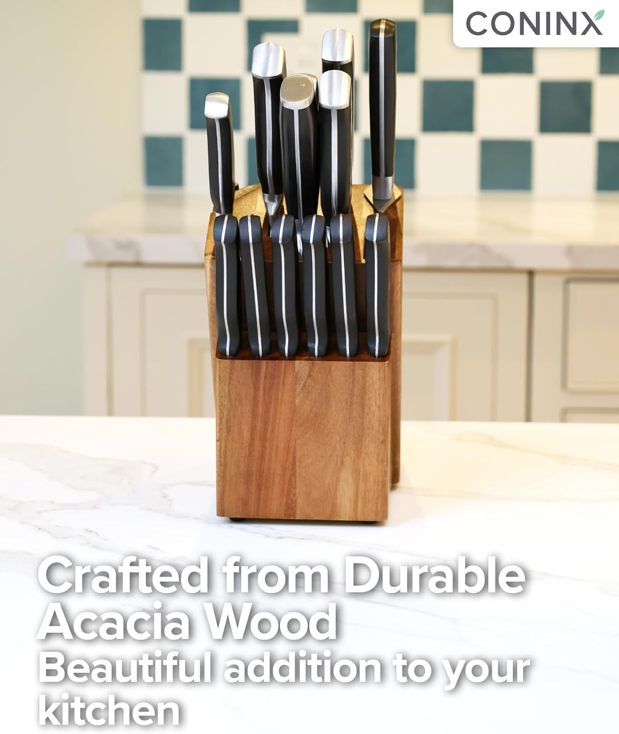 Coninx Universal Knife Block with Built-In Sharpener – 15-Slot Acacia Wood Knife Organizer Stand for Kitchen Counter – Non-Slip Holder Fits Chef, Bread, Steak Knives & Scissors