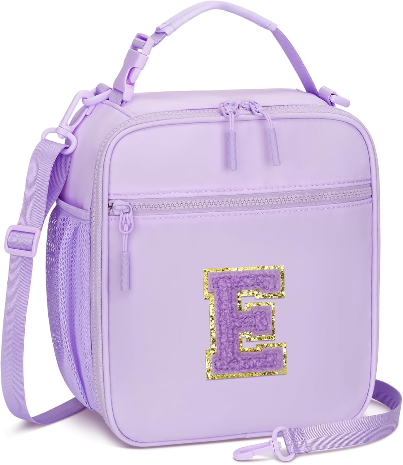 Initial Insulated Lunch Bag for Girls Kids, Back to School Gift, Reusable Leak-proof Lunch Box with Adjustable Strap for School Daycare Travel Picnic (Purple,E)