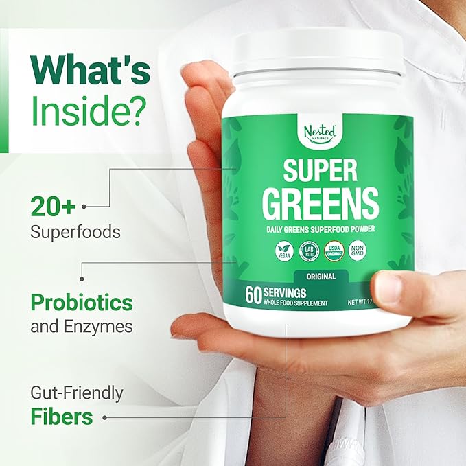 Nested Naturals Super Greens Daily Superfood Powder - Certified USDA Organic Green Powder w/20+ Whole Foods, Spirulina Powder, Wheat & Barley Grass - Probiotics, Fiber & Enzymes - Original Flavor, 60