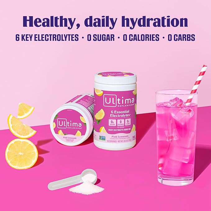 Ultima Replenisher Daily Electrolyte Powder Drink Mix – Sugar Free – Pink Lemonade, 90 Serving – Hydration Powder with 6 Key Electrolytes and Trace Minerals – Keto Friendly, Vegan, Non-GMO