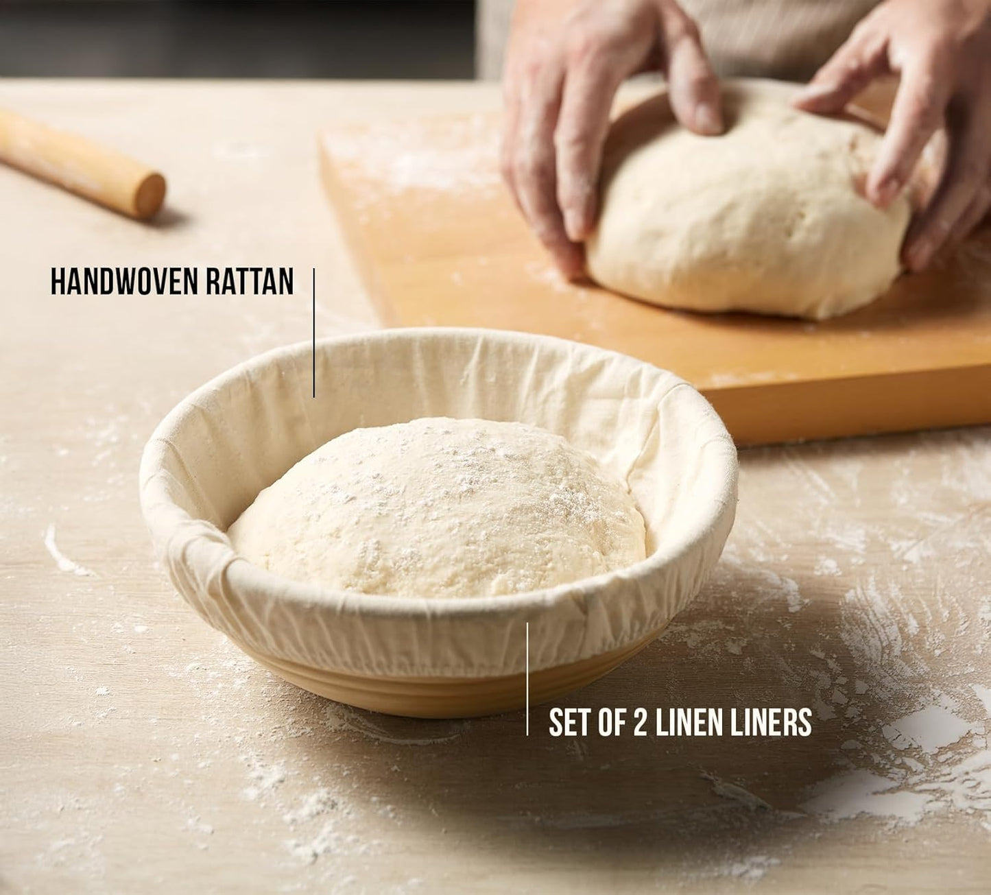 Banneton Bread Proofing Basket, Kook, Sourdough Proofing Bread Basket, Bread Banneton Proofing, Artisan Sourdough Making Baskets, 9 Inch Rattan Baskets and Cloth Liners, Set of 2, Round