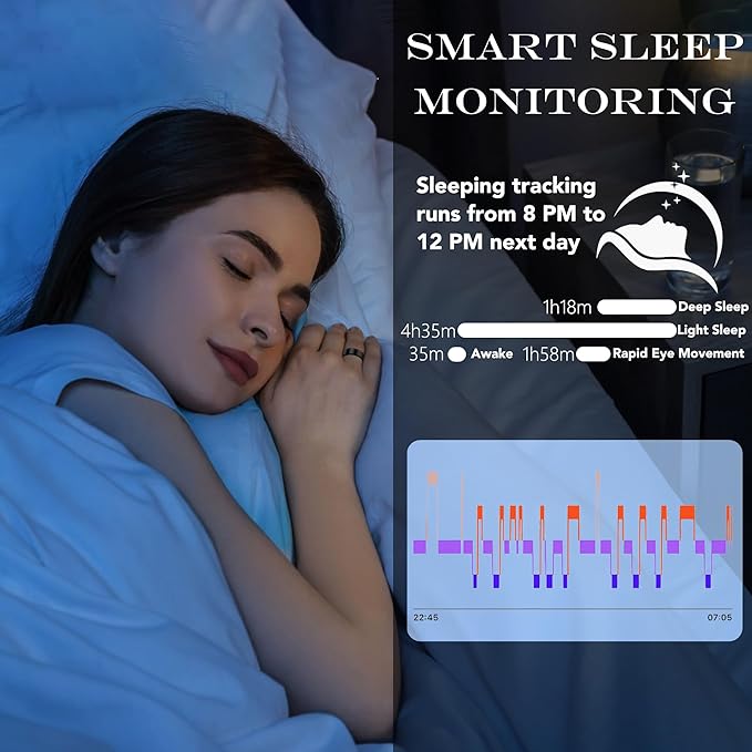 Smart Health Ring for Women Men Fitness Tracker with Heart Rate, Blood Oxygen, Blood Pressure, Sleep Monitoring, Step Counting, IP68 Waterproof for iPhone and Android, No Subscription Fee, Black 6#