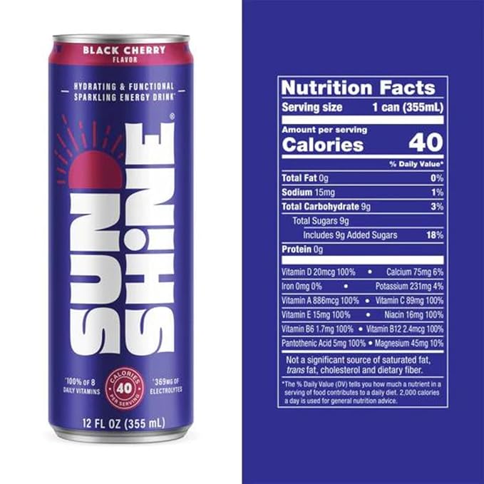 Sunshine Sparkling Energy Drink, Black Cherry with Daily Essential Vitamins, 360mg of Electrolytes, 70mg of Natural Caffeine, 12 Fl Oz (Pack of 24)