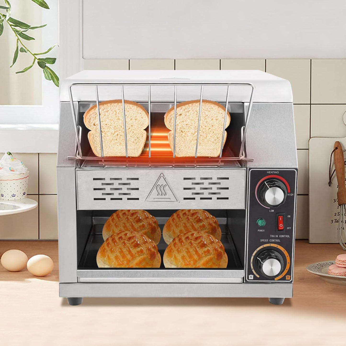 300 Slices/H Commercial Electric Conveyor Toaster Stainless Steel Bread Toaster For Bagel Burgers Bun Baked Food, 1900W Heavy Duty Restaurant Bakery