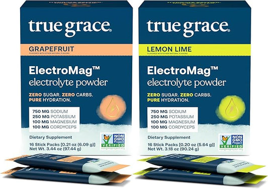 True Grace ElectroMag - Grapefruit (16 Stick Packs) + Lemon Lime (16 Stick Packs) - Electrolyte Powder for Rapid Hydration - Zero Sugar & Carbs - Non-GMO - 32 Total Servings