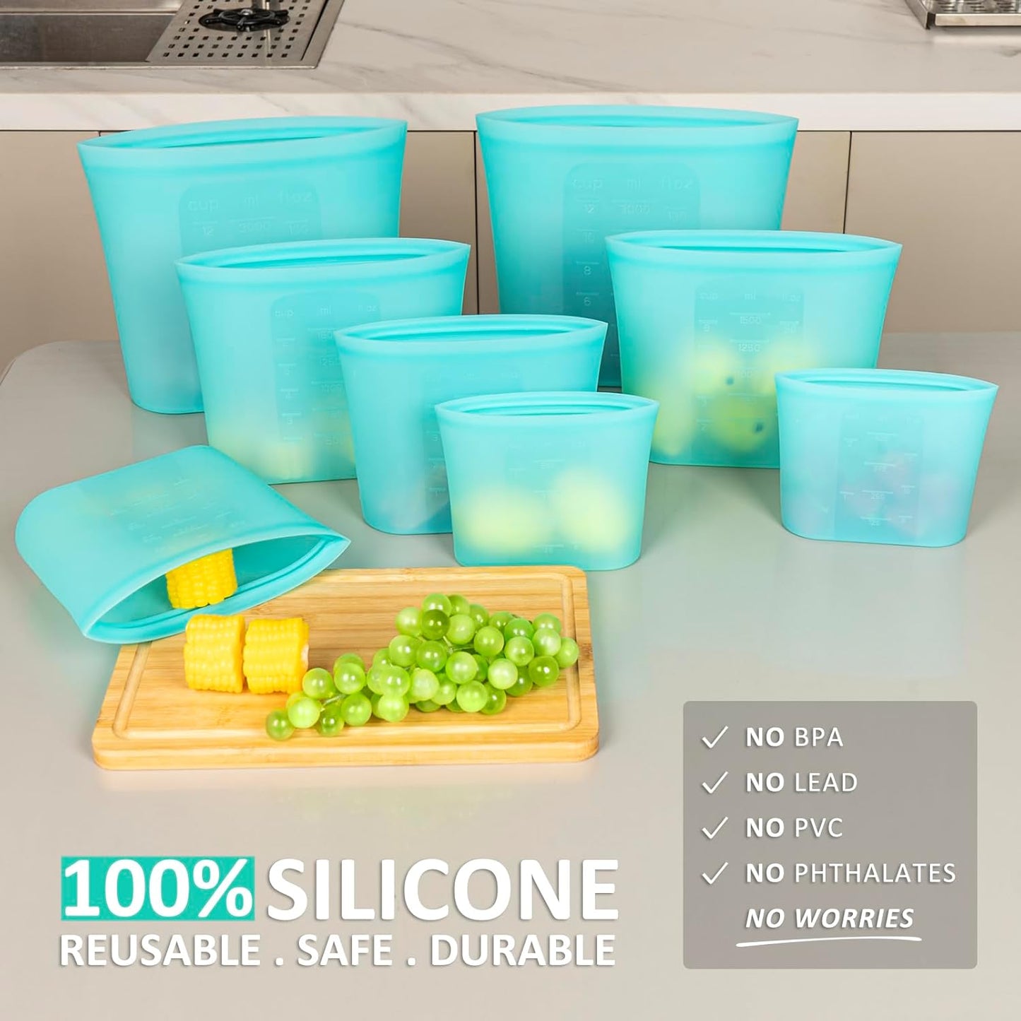 Reusable Storage Bag, 8 Pack 100% Silicone Food Storage Bags Stand Up Zip Lock Bags for Food Container, Freezer Microwave Oven Dishwasher Safe, 2 X-Large(0.8 Gallon) 2 Medium 2 Small 2 X-Small, Aqua