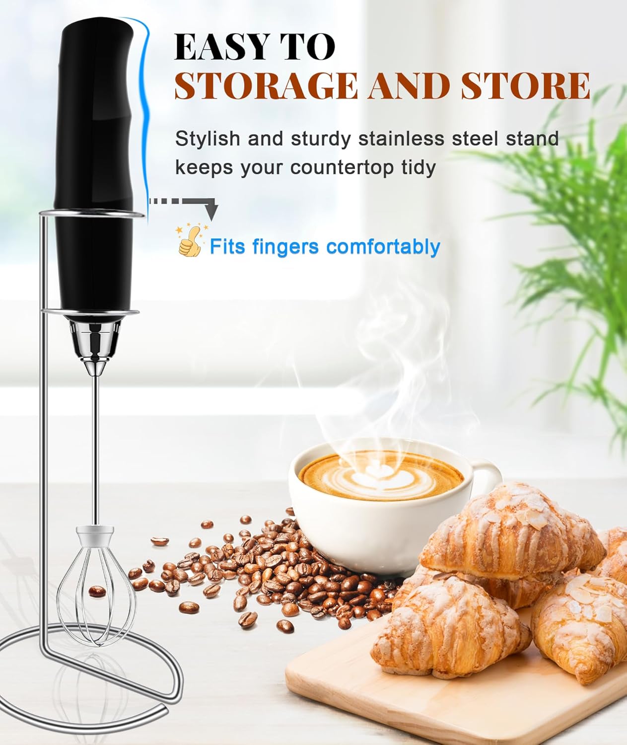 YUSWKO Milk Frother Handheld for Coffee with Stand, Rechargeable Drink Mixer with 3 Heads 3 Speeds Electric Coffee Frother Whisk, Gift for Many Occasions and Festival