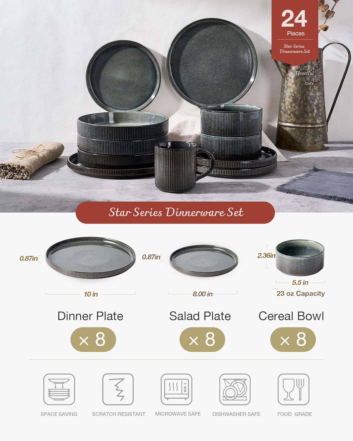 Famiware Star Dinnerware Set, Plates and Bowls Sets for 8 (24pcs), Ribbed Stoneware Dishes - Chip & Scratch Resistant, Microwave & Dishwasher Safe, Deep Forest