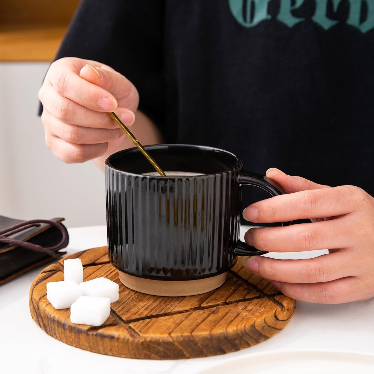 GBHOME 12OZ Stackable Coffee Mugs, Ceramic Coffee Mugs with Texture Patterns for Man,Woman,Dad,Mom, Modern Coffee Mugs Set of 4 for Latte/Cappuccino/Cocoa. Dishwasher&Microwave Safe, Black