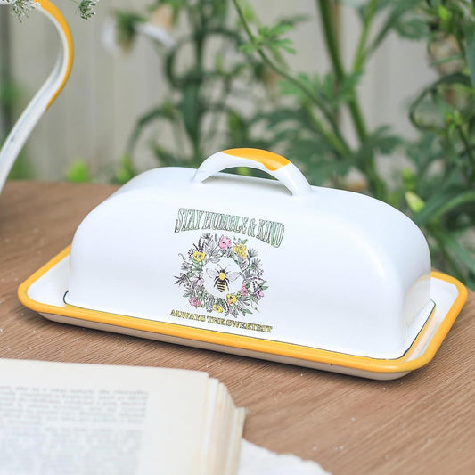 Enamel Butter Dish with Lid Vintage Enamelware Butter Keeper with Flower and Bee Patterns Farmhouse Butter holder Butter container for Kitchen Decor