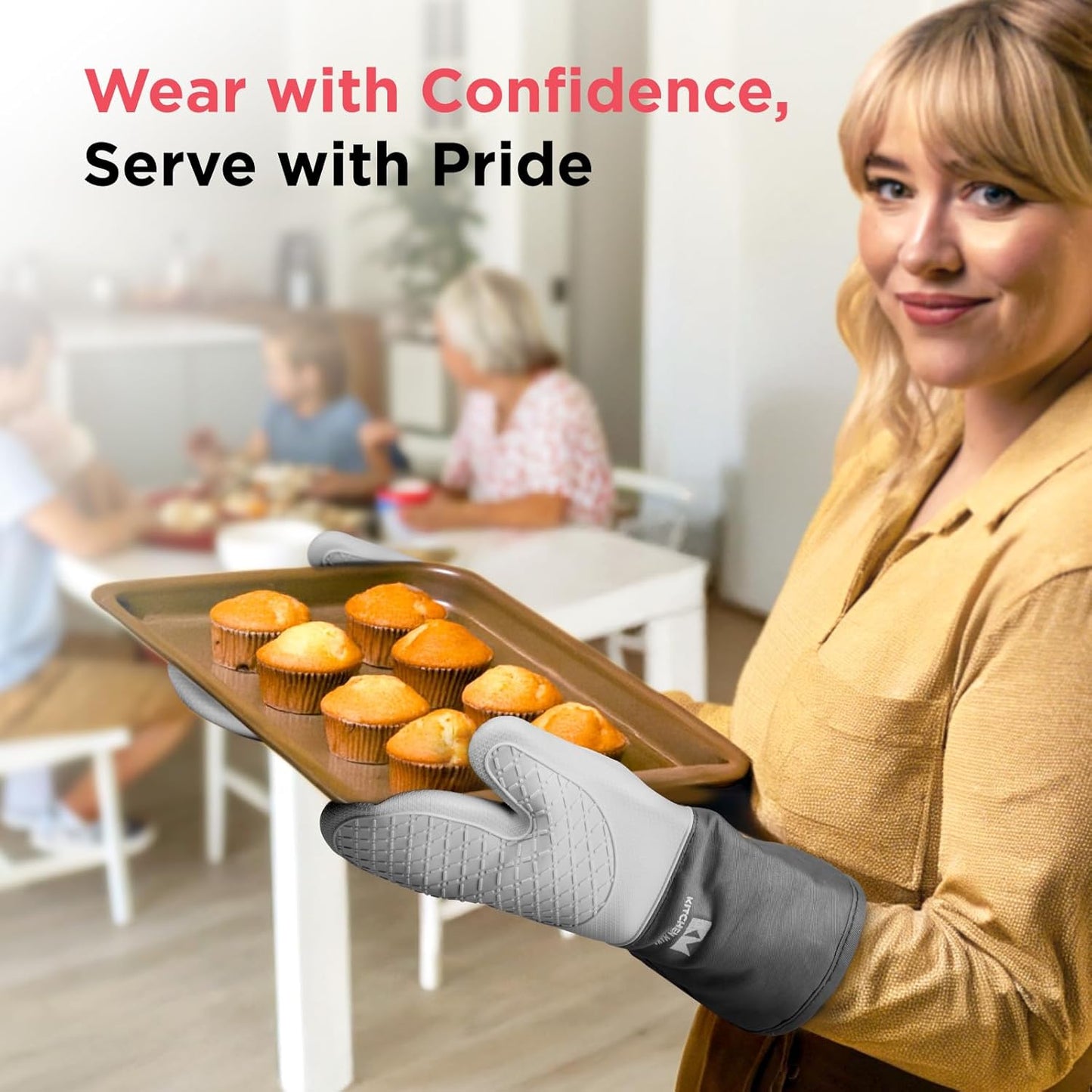 Kitchen Mama UltraShield Silicone Oven Mitts Heat Resistant – Non-Slip, Stain-Resistant, Silicone Cooking Mitts & Pot Holders for Baking, Grilling, Heat Resistant Cooking Gloves (Metal Gray)