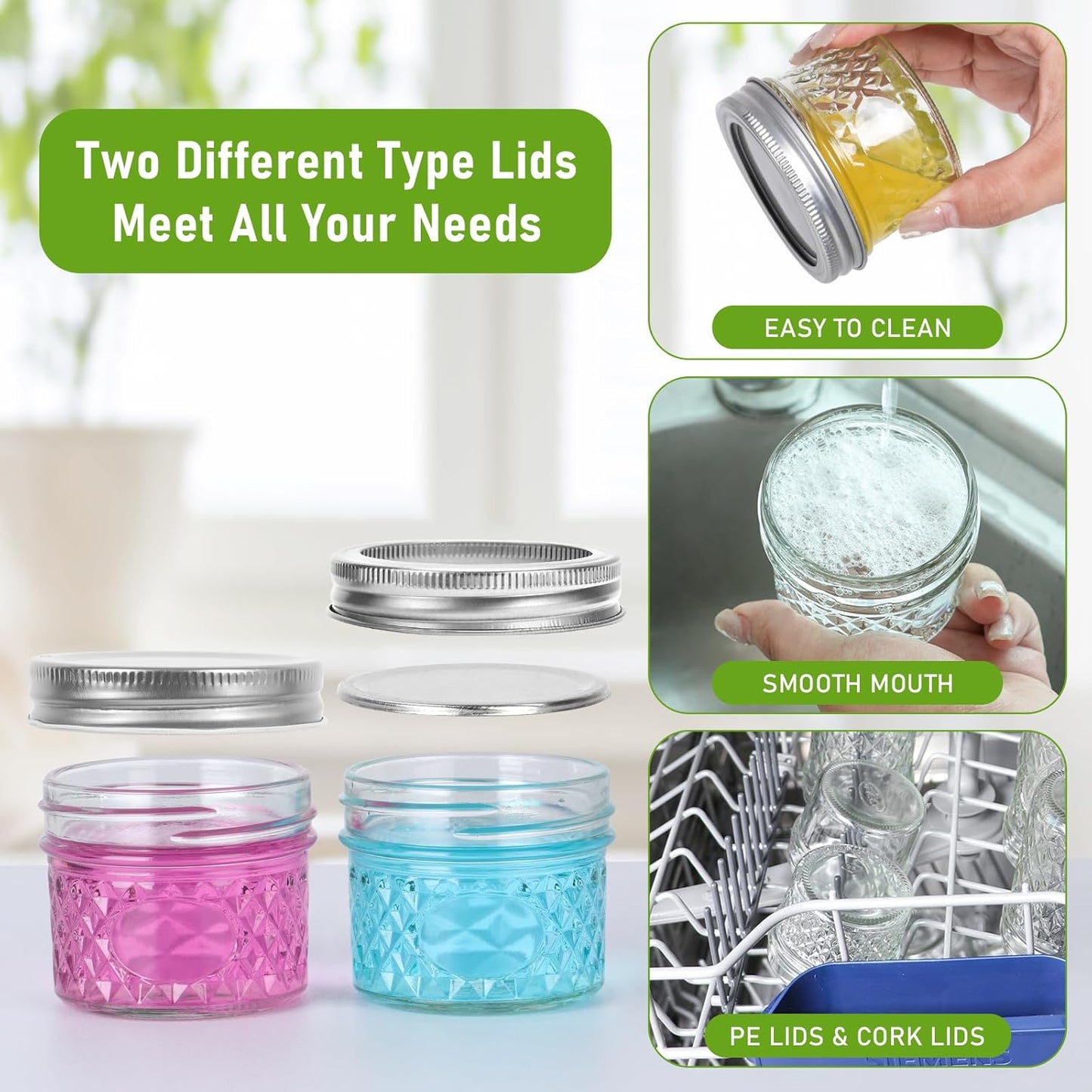 4 oz Small Mason Jars, 16 Pack Mini Jars, With 2 Types of Lids - 16 Split-Type and 16 One Piece Lids, Perfect for Dessert and DIY