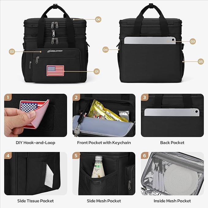 Maelstrom Tactical Lunch Box for Men, 23L Insulated Lunch Bag, Expandable Double Deck Cooler Bag, Lightweight Leakproof Tote Bag With Side Tissue Pocket, Suit For Men and Women, Black