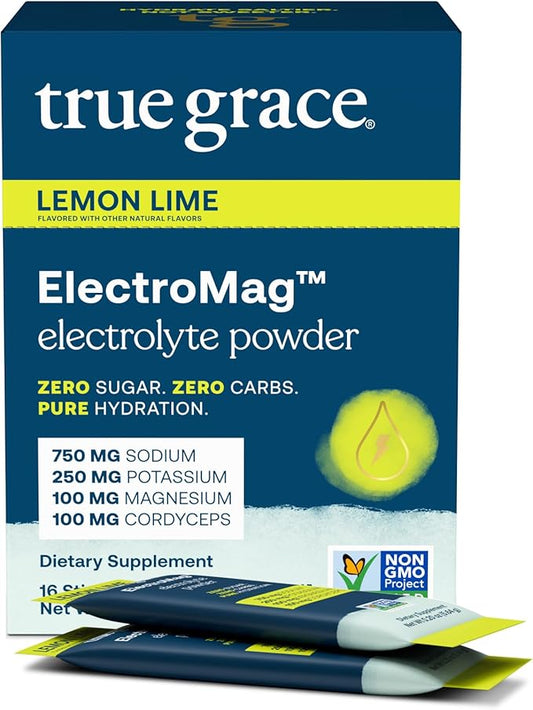 True Grace ElectroMag - 16 Stick Packs - Lemon Lime - Electrolyte Powder for Rapid Hydration - Sodium, Potassium, Magnesium & Cordyceps - Zero Sugar & Carbs - Non-GMO - 16 Total Servings