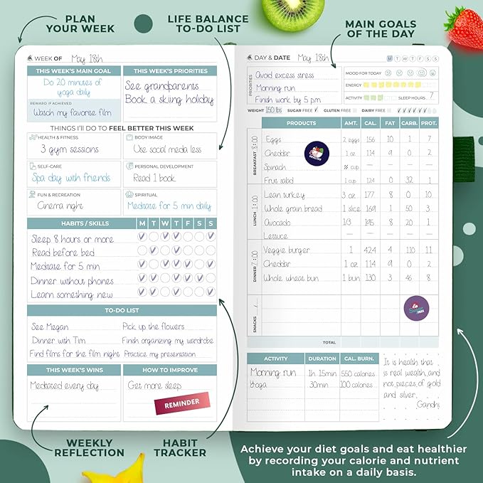 Clever Fox Wellness Planner - Weekly & Daily Health and Wellness Log, Food Journal & Meal Planner Diary for Calorie Counting, Notebook for Medical Condition Tracking – Pocket size (Forest Green)