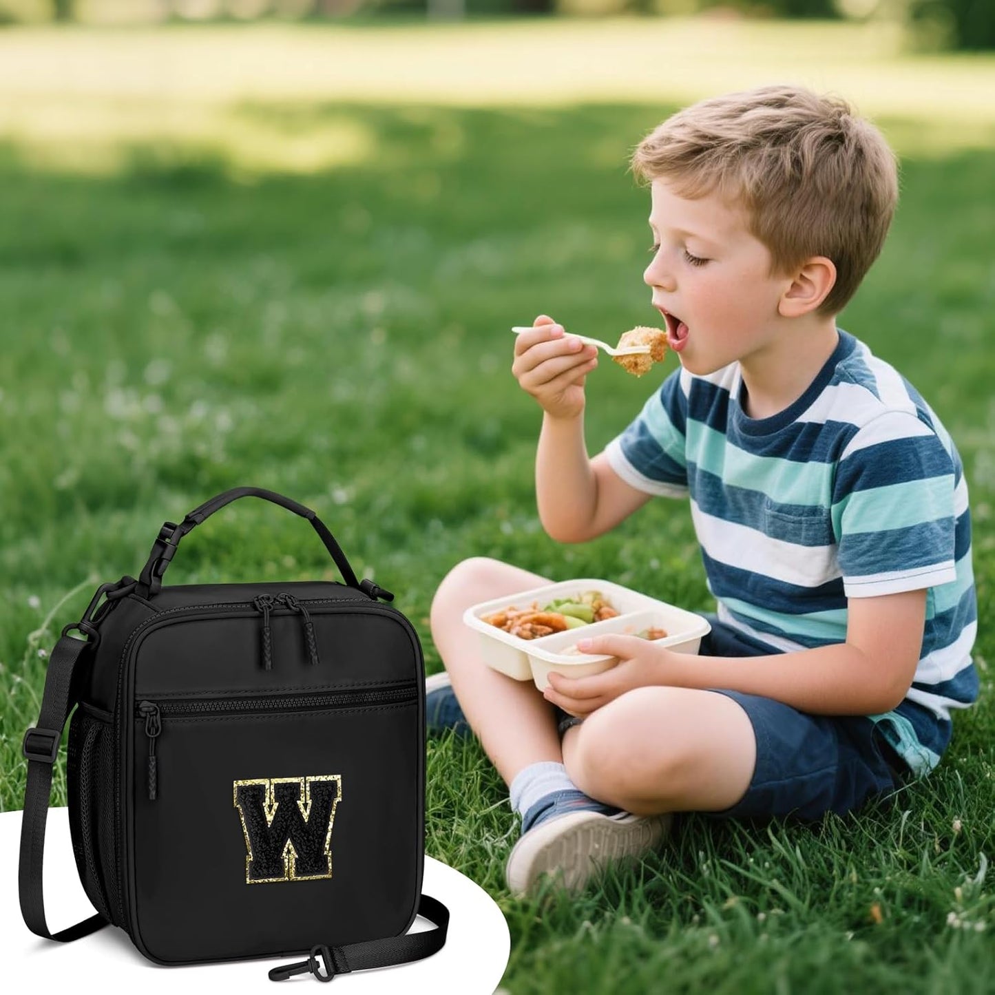 Initial Insulated Lunch Bag for Boys Kids, Back to School Gift, Reusable Leak-proof Lunch Box with Adjustable Strap for School Daycare Travel Picnic（Black，W）