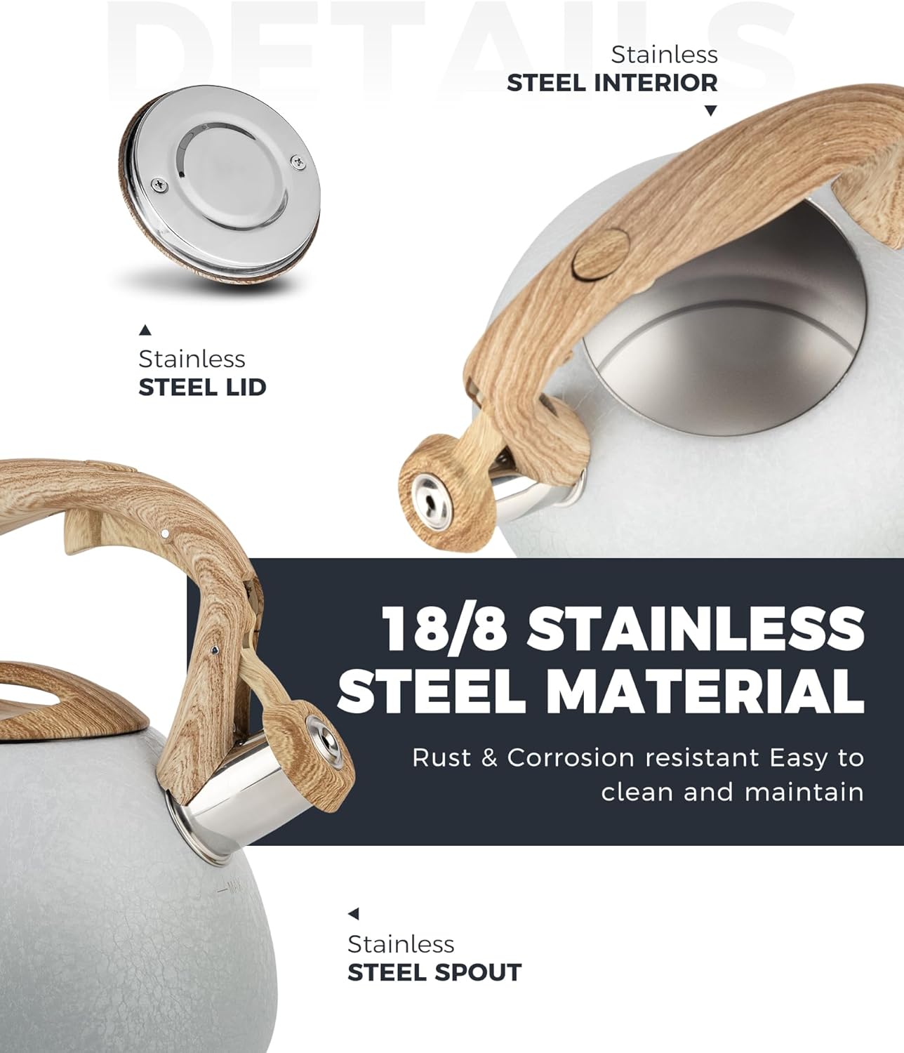 POLIVIAR Tea Kettle, 2.7 Quart Stovetop Tea Kettle, Audible Whistling Teapot with Crackle Finish, Food Grade Stainless Steel for Anti-Rust, Anti Hot Handle, Suitable for All Heat Sources (JX2023-LYW)