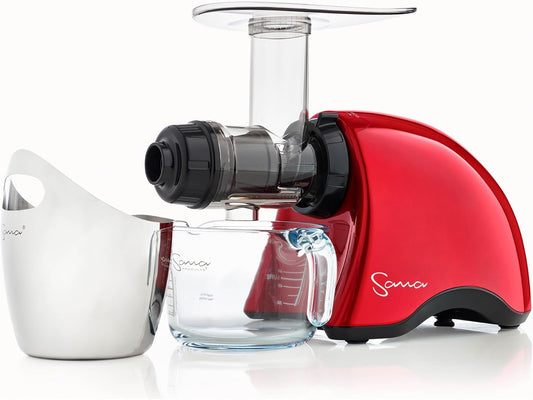 Cold Press SANA 707 Classic Horizontal Single Auger Slow/Low Speed Juicer | Easy Clean, Powerful Motor, Auto Feed, Compact, Celery Attachment, Frozen Desserts, Pasta Extrusion, 15 Year Warranty, Red