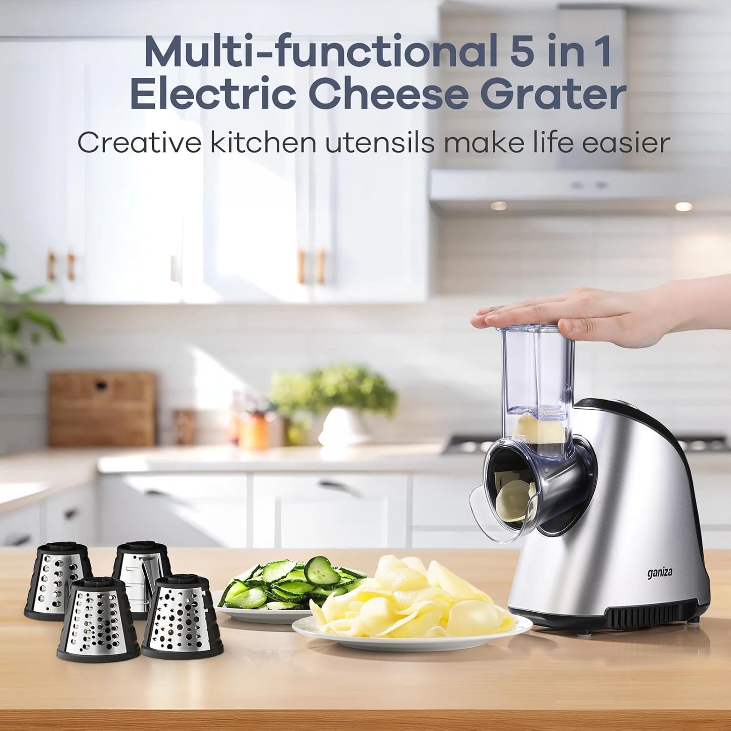 Ganiza 5-in-1 Electric Cheese Grater for Kitchen, Max 250W Cheese Shredder, 5 Changeable Blades Salad Shooter, Slicer Electric for Cheese/Veggies/Salad with an Extra Zester grater