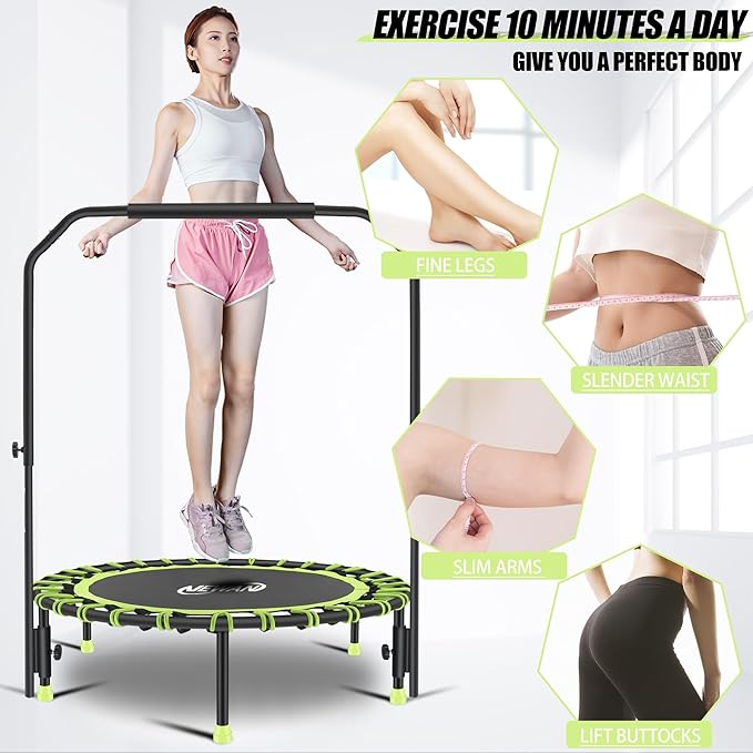 Newan 40" Silent Mini Trampoline with Adjustable Handle Bar Fitness Trampoline Bungee Rebounder Jumping Cardio Trainer Workout for Adults - Max Limit 330 lbs