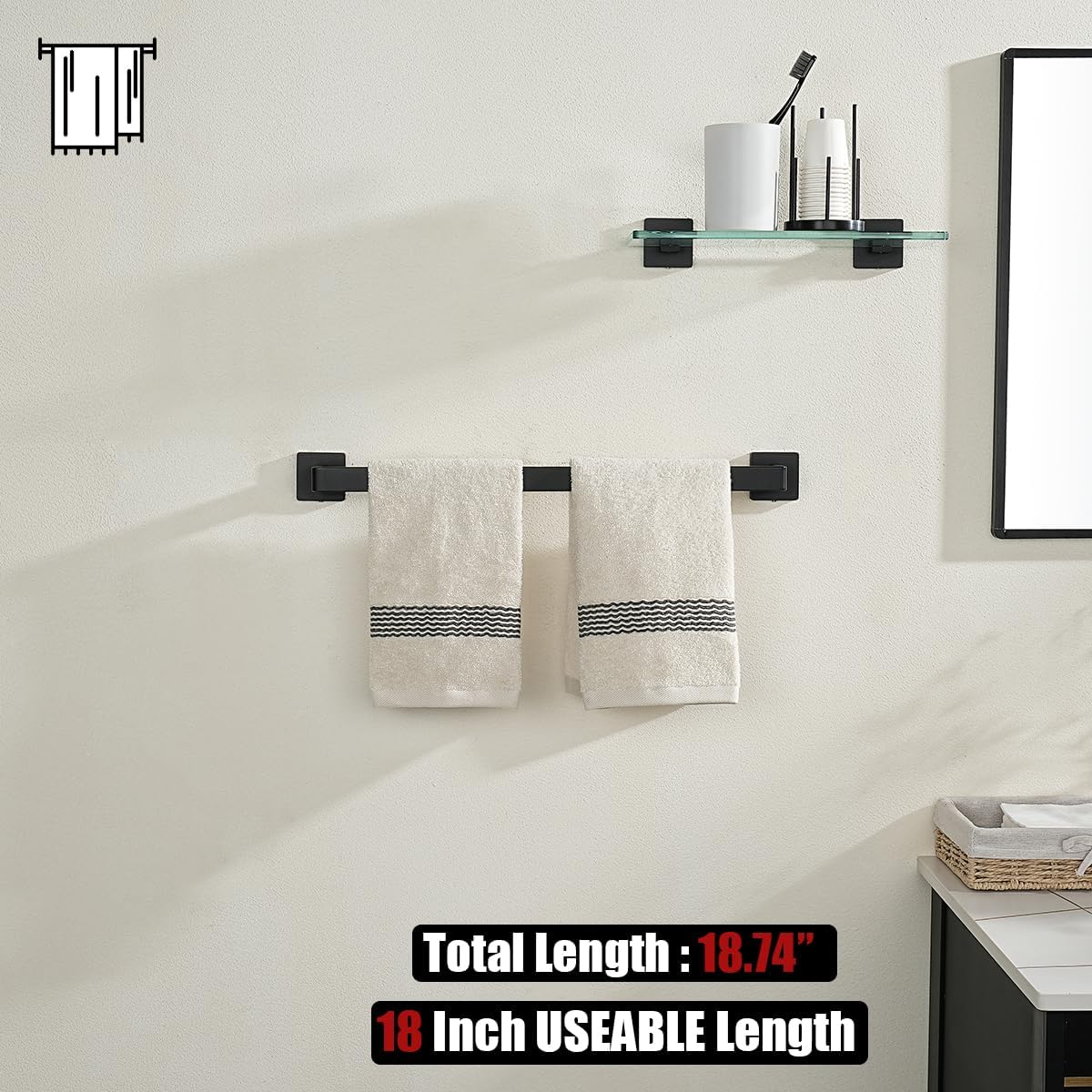 JQK Black Towel Bar, Rounded Edges 20.41 Inch Towel Rack, 304 Stainless Steel Bathroom Wall Mount, Useable Length 18 Inch, TB250L18-PB